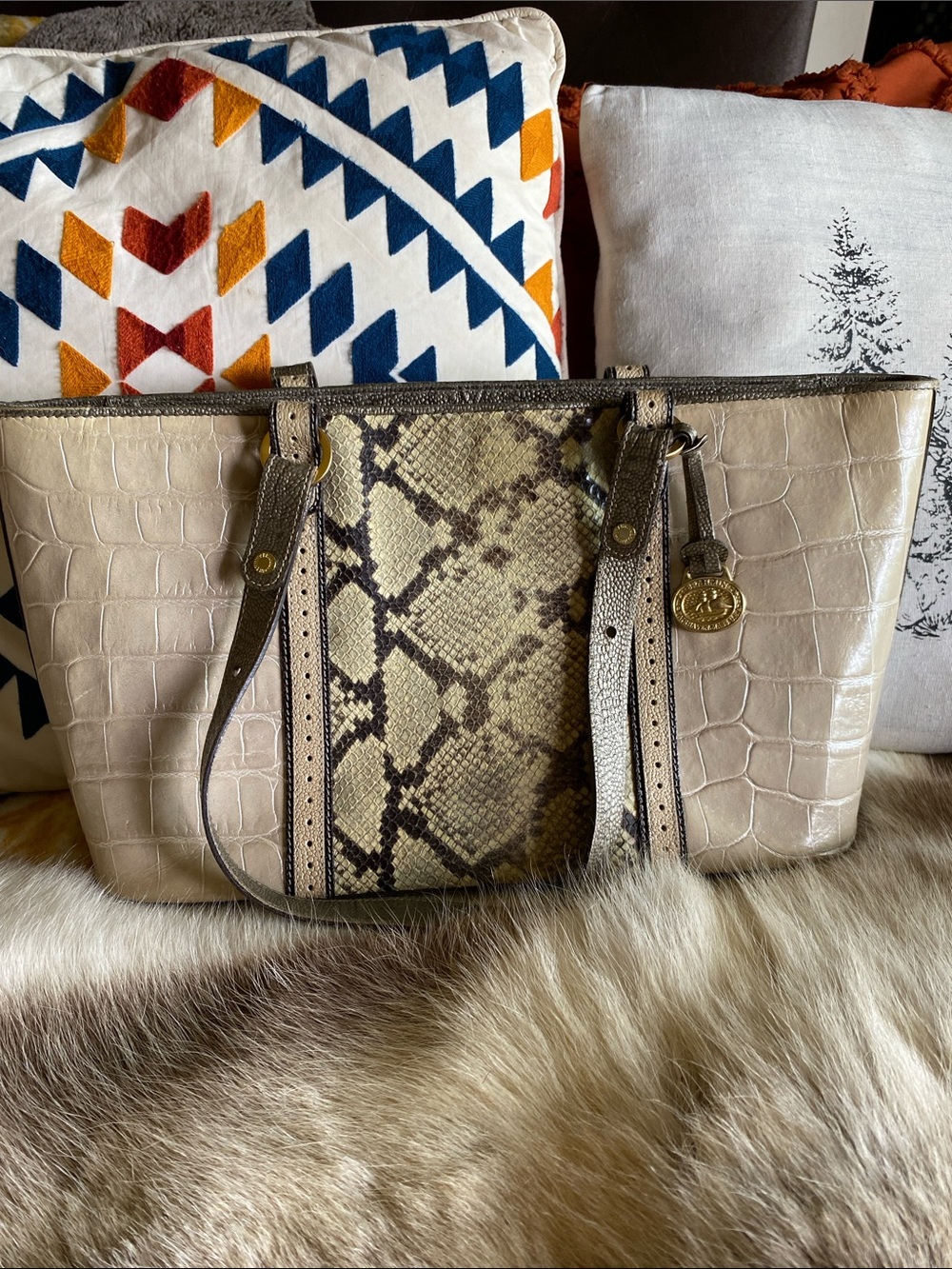 Brahmin Beige and Brown Croc-Embossed Tote with Snake-Print Panel